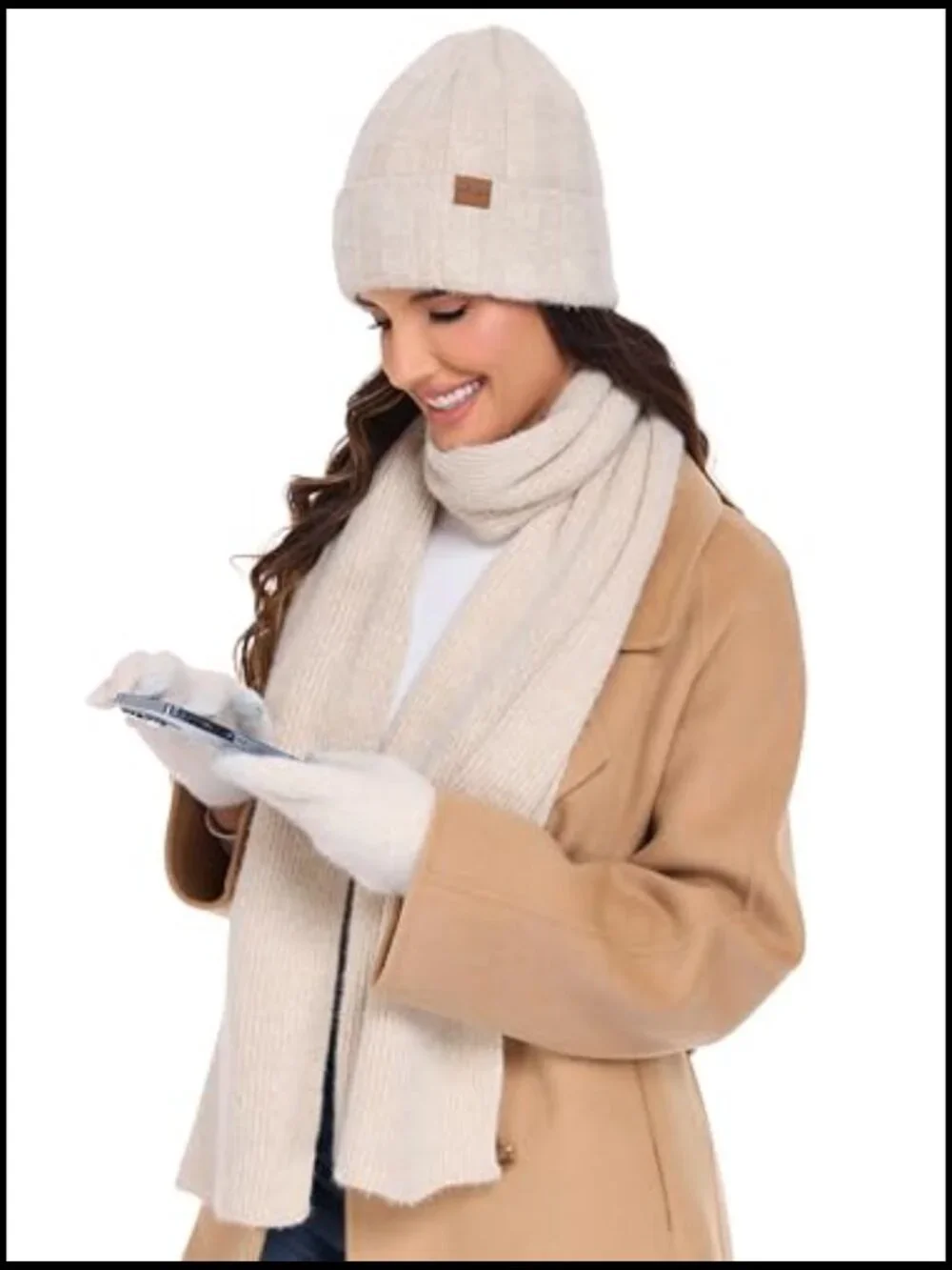Premium Acrylic & Wool Winter Beanie Hat Scarf Touchscreen Gloves Set